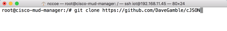 This image shows the command "git clone https://github.com/DaveGamble/cJSON" being run on the Cisco MUD Manager.