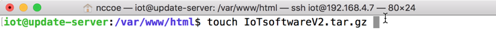 This image shows the command "touch IoTsoftwareV2.tar.gz" being run on the Update Server.
