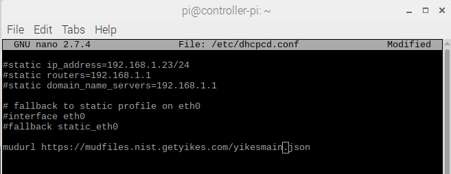 A screenshot of the /etch/dhcpcd.conf file with the MUD URL configured per the instructions above.