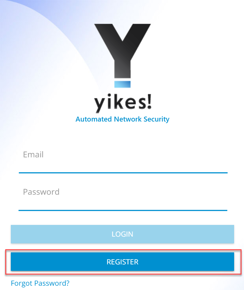 Screenshot of the Yikes! app login page with the Register button highlighted