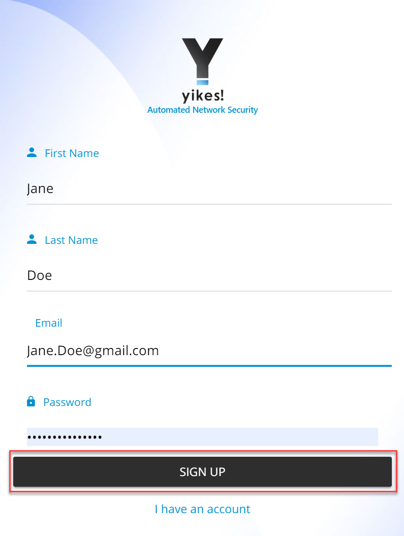 Screenshot of the Yikes! app account registration populated as described in instructions above with sign up button highlighted.