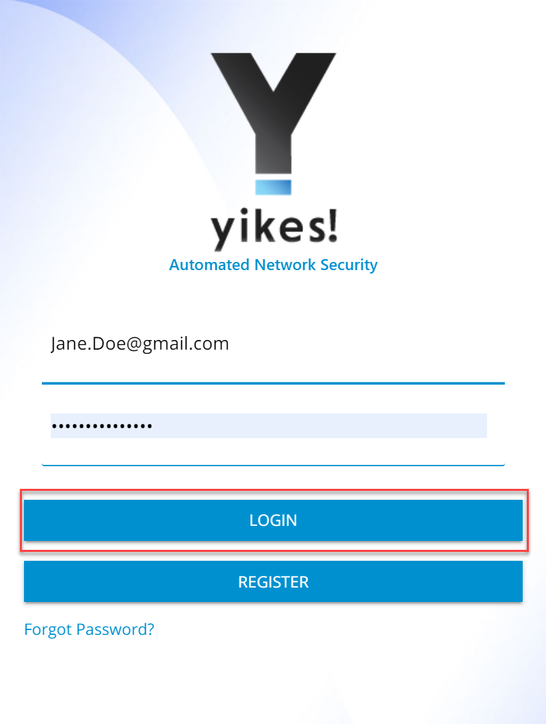 Screenshot of the Yikes! app login page with username and password populated and login button highlighted.