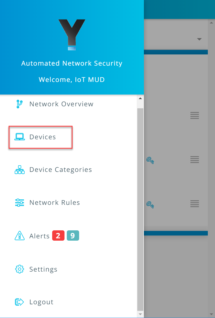 Screenshot of the Yikes! app Menu, with the "Devices" option highlighted
