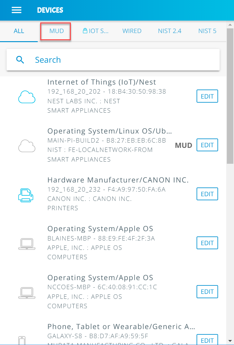 Screenshot of the Yikes! app devices page, with the "MUD" tab at the top highlighted