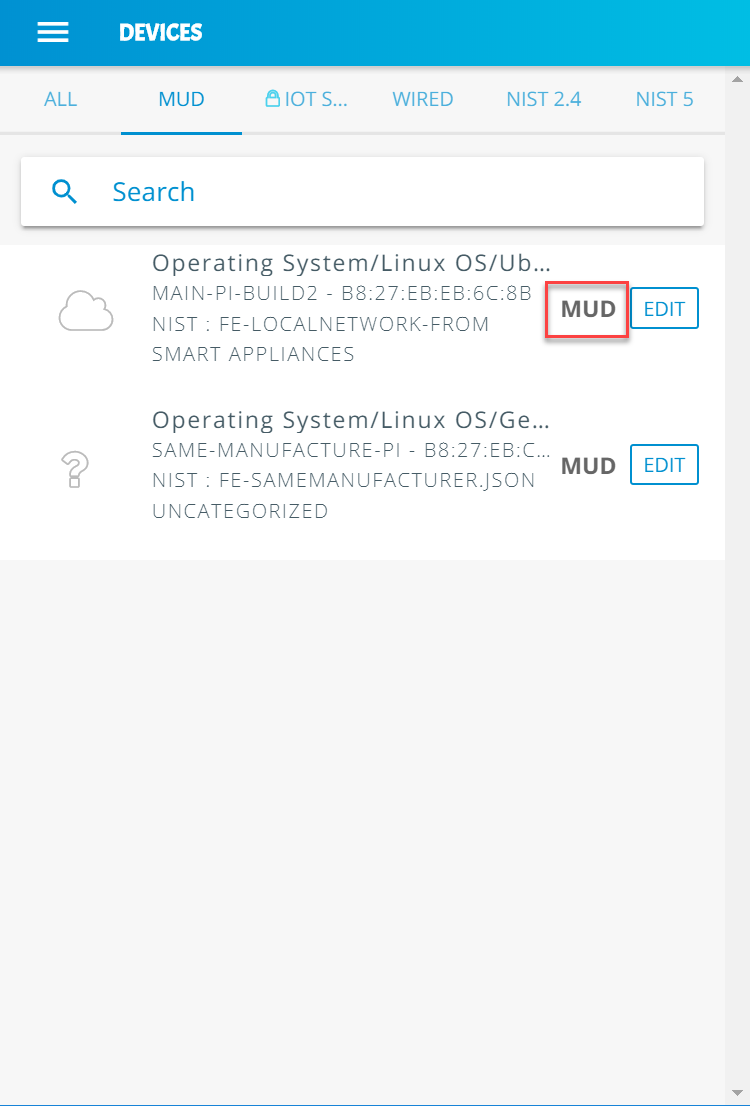 Screenshot of the Yikes! app devices page, with the MUD designation highlighted