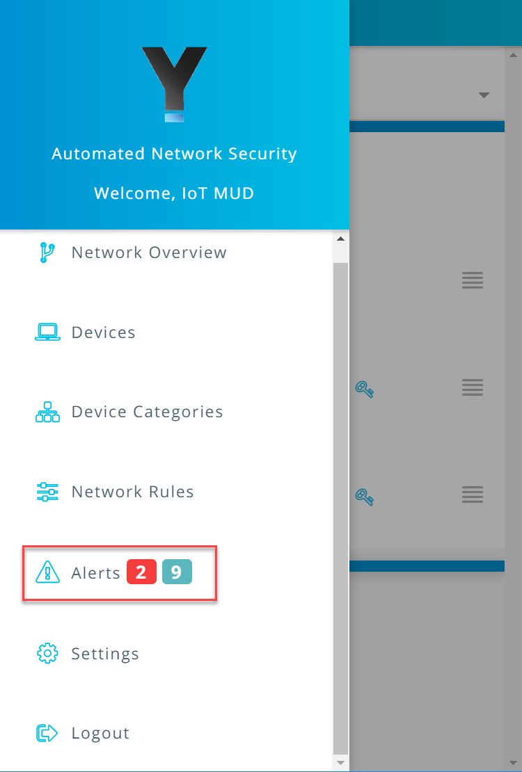 Screenshot of the Yikes! app Menu, with the Alerts option highlighted