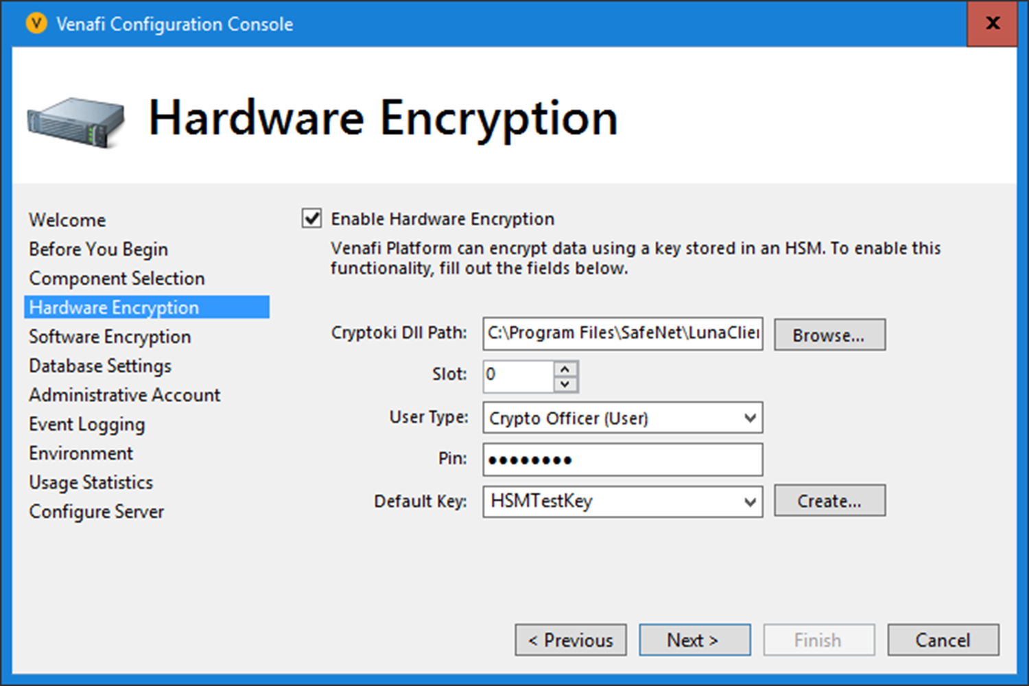 Venafi configuration console for hardware encryption options.