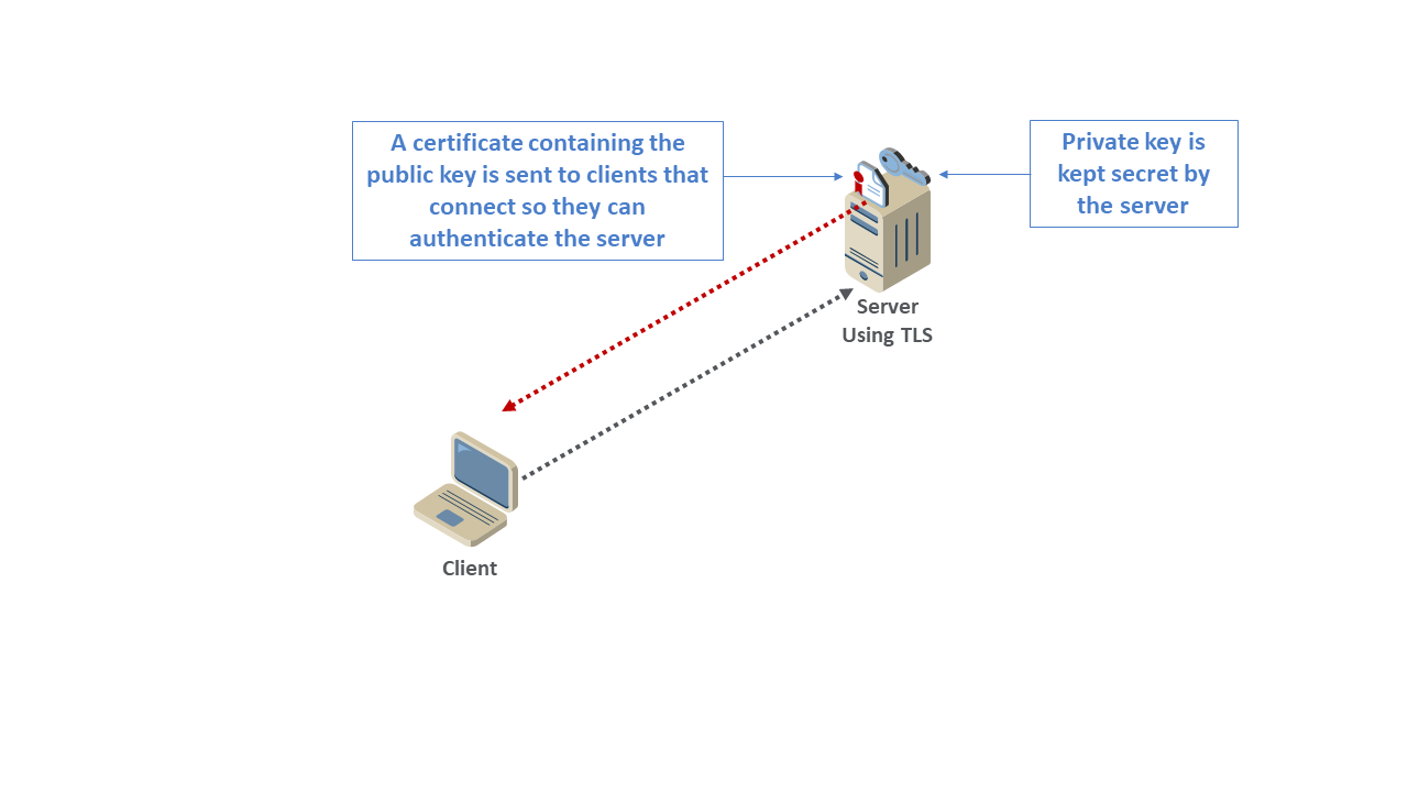 Figure showing the server sending its certificate, which contains its public key, to clients so they can authenticate the server. The server keeps its private key secret.