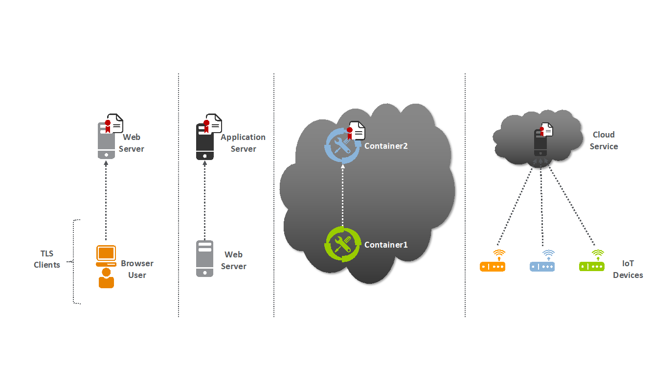 Figure depicts browsers, web servers, containers, and IoT devices connected as clients to TLS servers.