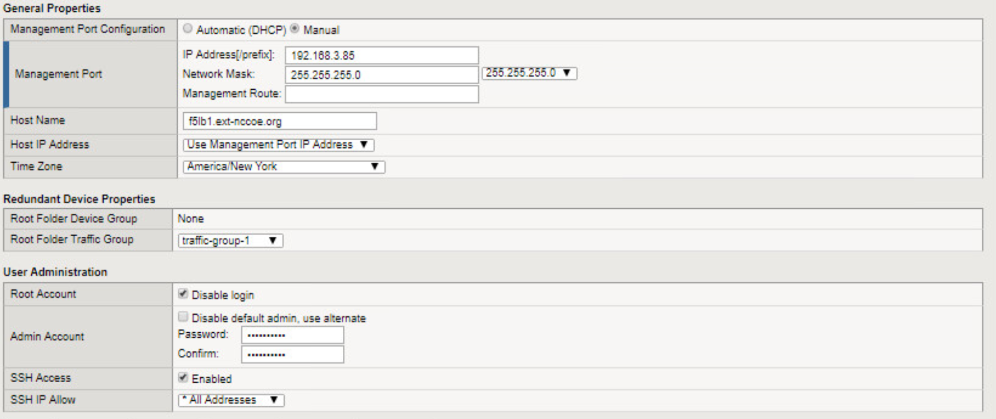 General properties which include options Management Port Configurations, Redundant Device Properties and User Administration.
