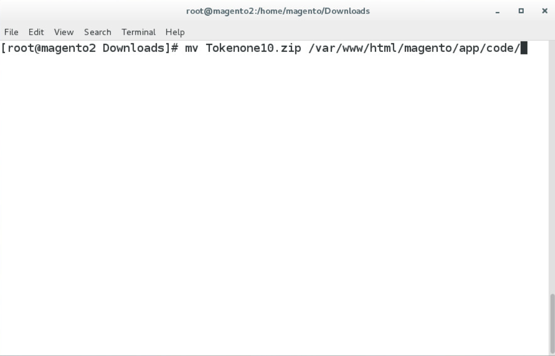 Demonstrates moving the Tokenone10.zip file to the Magento application code directory by entering the command listed above.