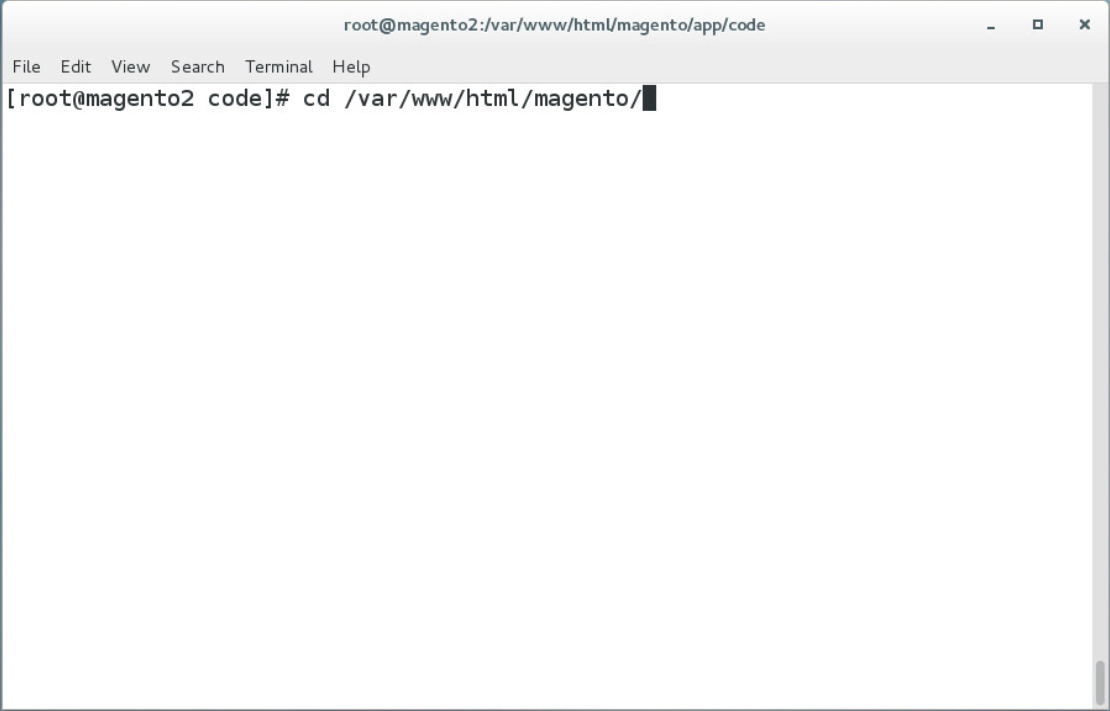 Demonstrates changing to the Magento web server directory by entering the command listed above.