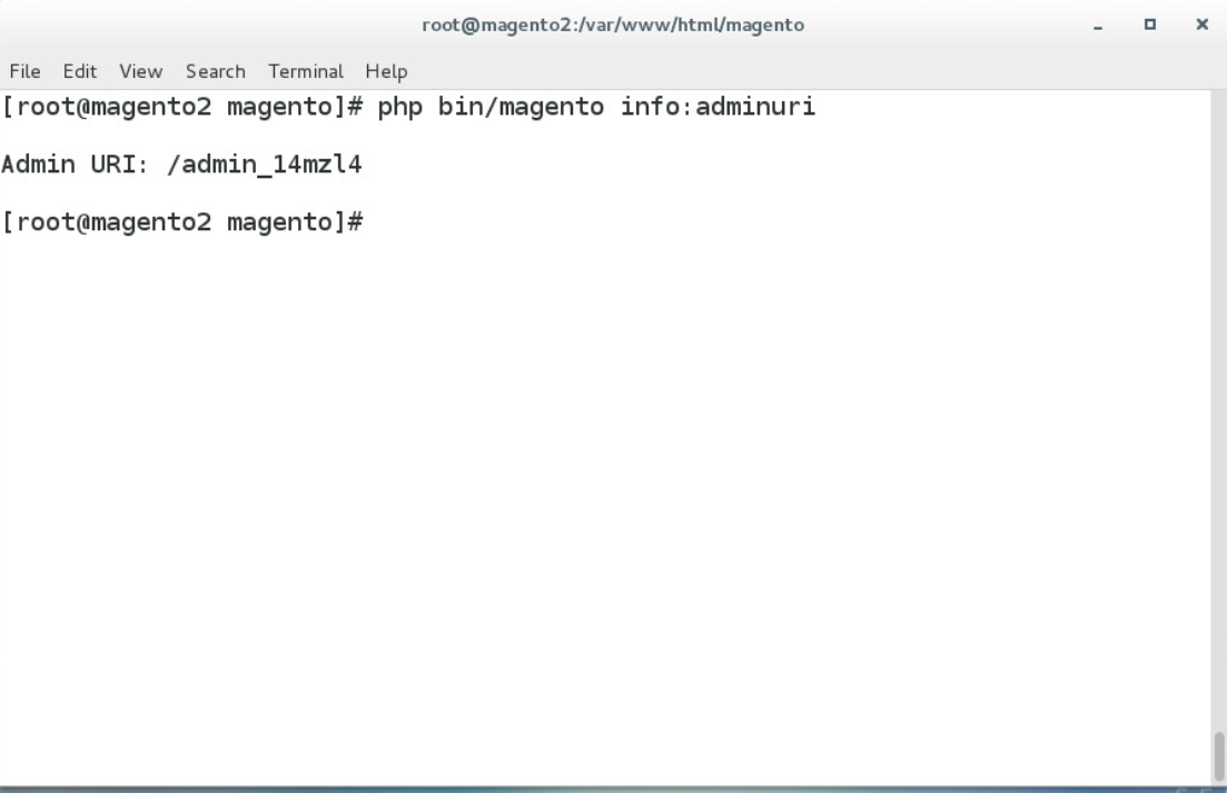 Demonstrates finding the Magento admin URI by entering the command listed above.