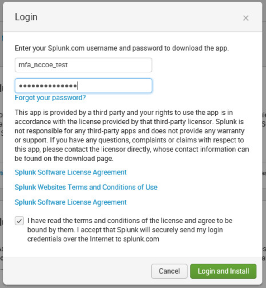 Demonstrates logging in and accepting the terms and conditions then clicking login and install.