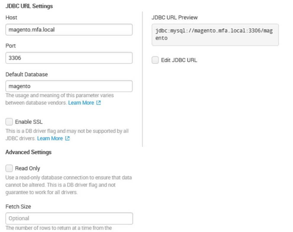 Demonstrates configuring the JBDC URL settings.