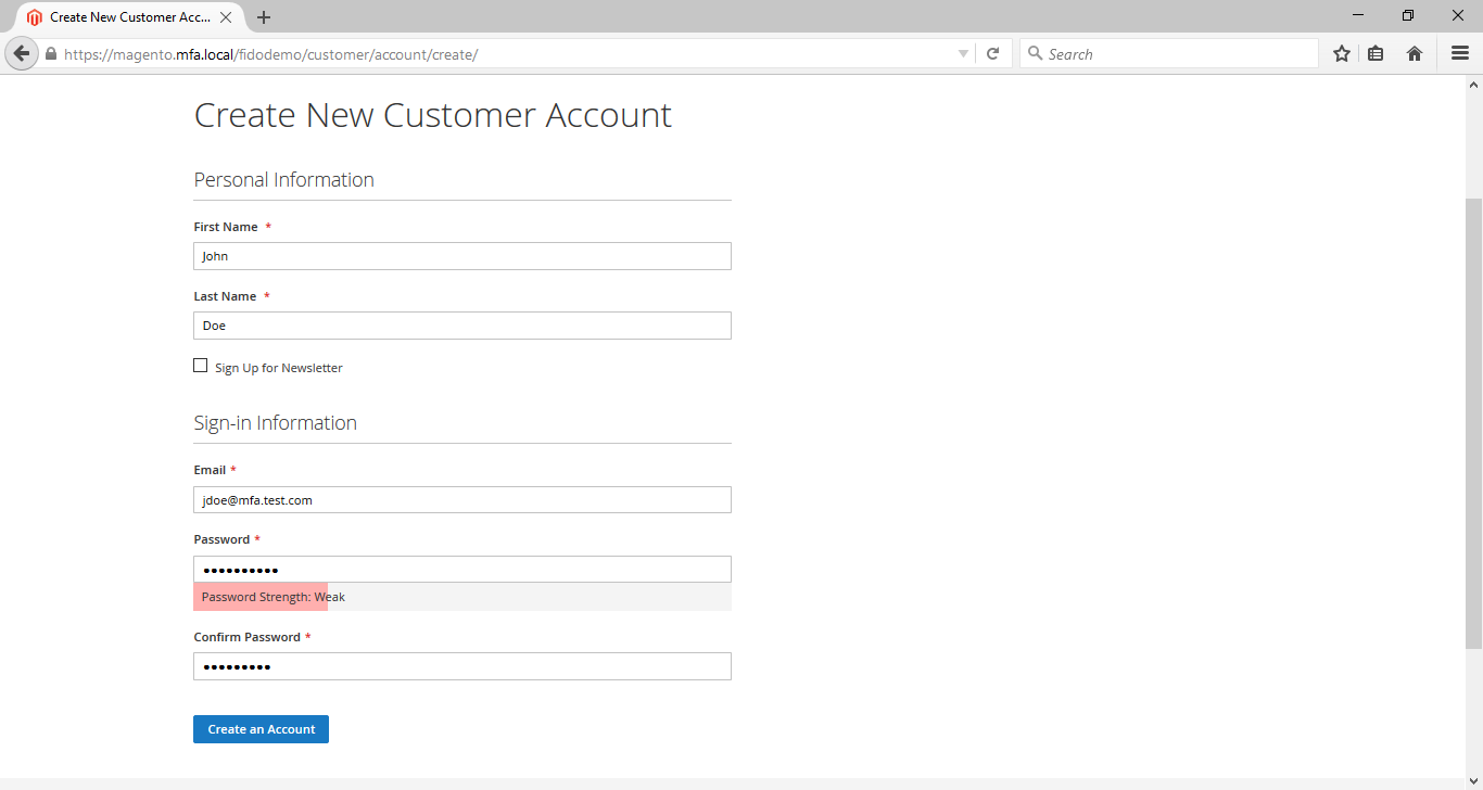 Demonstrates the Magento Create New Customer Account web page.