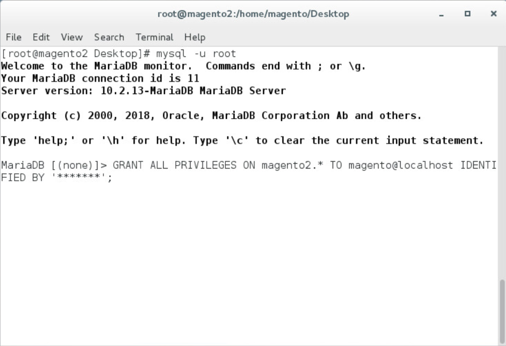 Demonstrates creating the Magento user by entering the command listed above.
