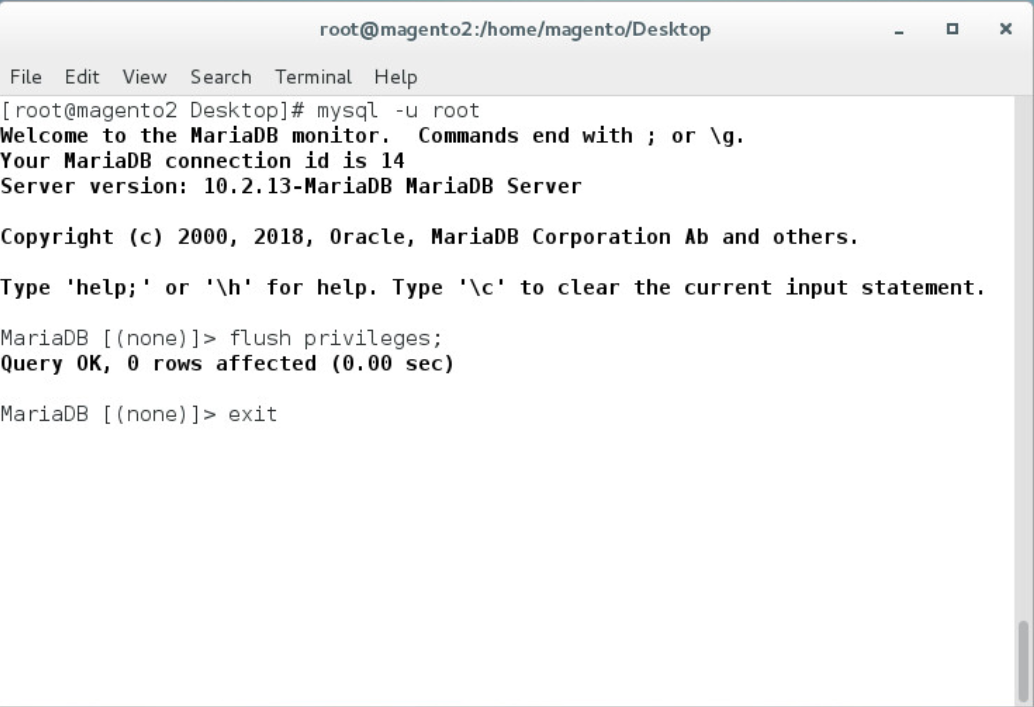 Demonstrates exiting the MariaDB shell by entering the command listed above.