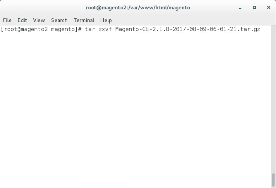 Demonstrates extracting the Magento distribution from Magento-CE-2.1.8.tar.gz by entering the command listed above.