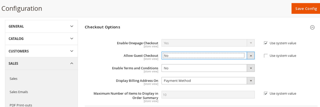 Demonstrates unchecking the use system value fields for the allow guest checkout setting, and modifying the settings to no for the checkout options.