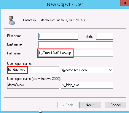 This figure shows a screenshot of setting up a HyTrust LDAP Lookup account.