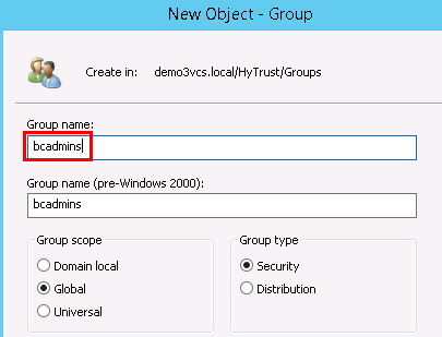 This figure shows a screenshot of creating a new group, bcadmins.