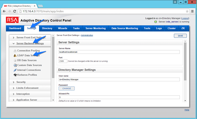 Adaptive Directory Server Backend Settings