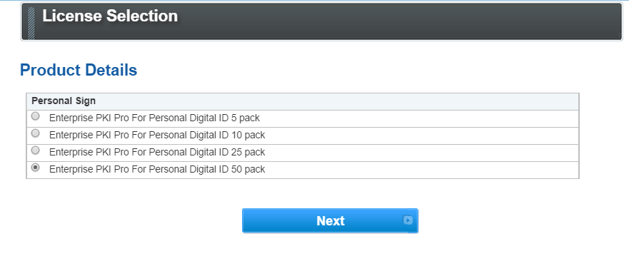 GlobalSign License Selection Page