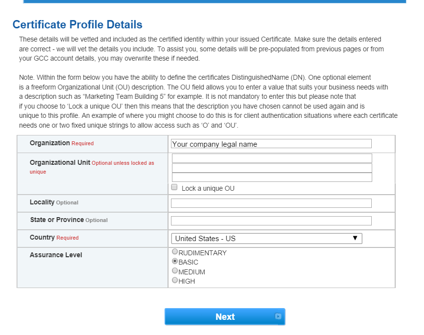 GlobalSign Certificate Profile Details