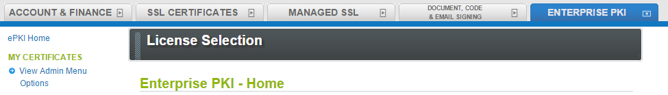 GlobalSign View Admin Menu Options