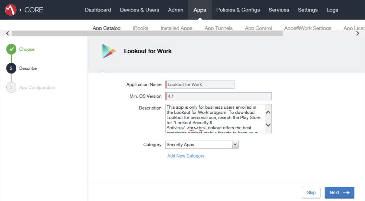 Shows the Describe page, which has descriptive details about the imported Lookout for Work app.