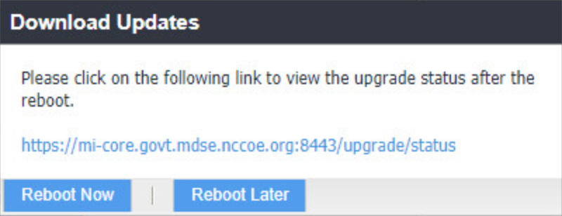 MobileIron Core: Download Updates dialog Shows options for when to reboot the system following a selection of Stage for Install for a given software update.
