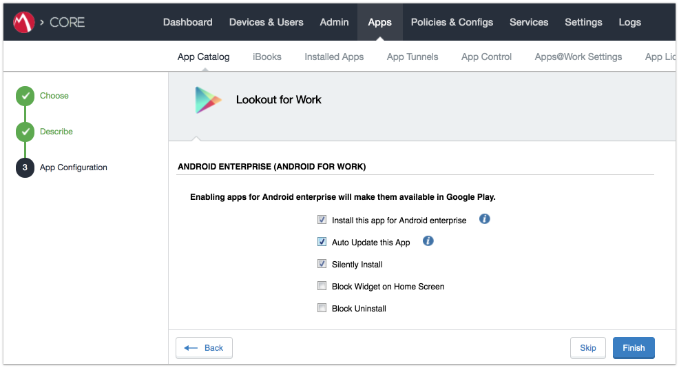 Shows the App Configuration page, which allows the MobileIron administrator to set app deployment options. Shown enabled settings for the Lookout for Work app are: Install this app for Android Enterprise and Auto Update this App