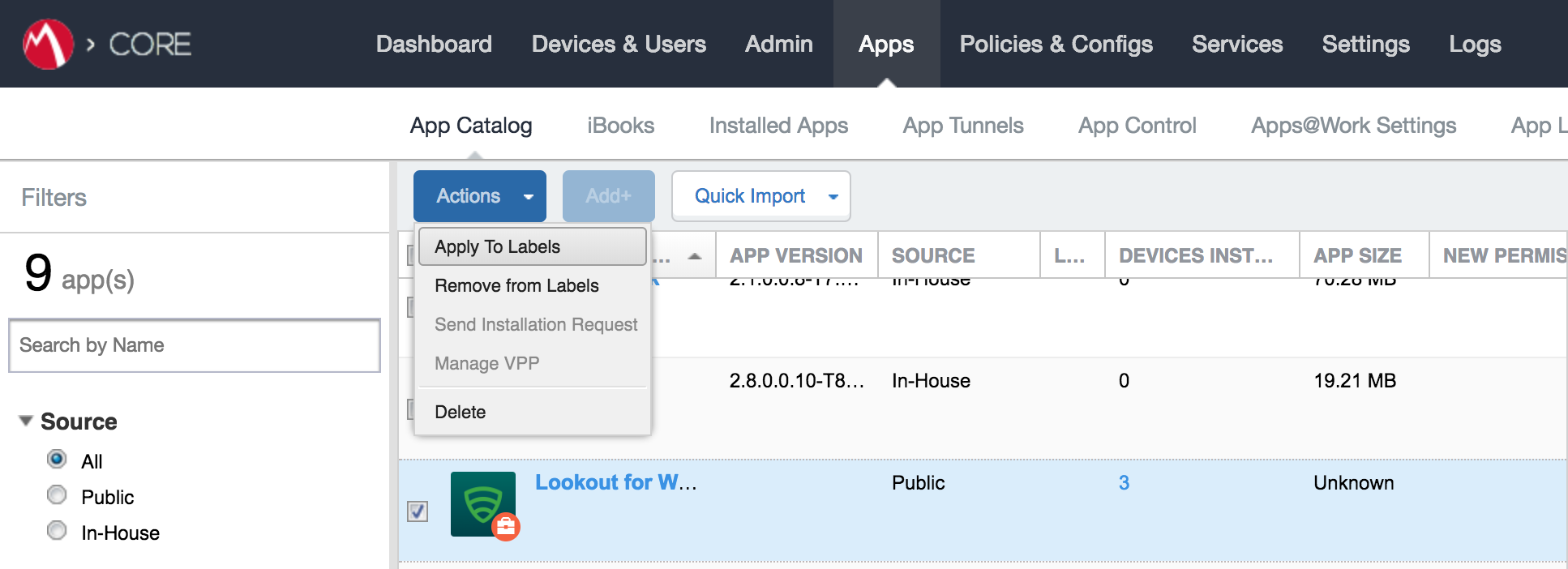 Shows activating the Apply to Labels feature to the Lookout for Work (Android) app in the App Catalog.