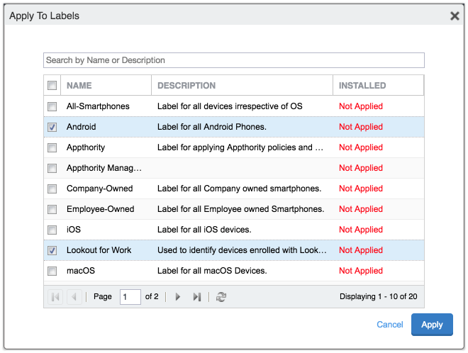 Shows the Apply To Labels form dialog with the Android and Lookout for Work labels highlighted.