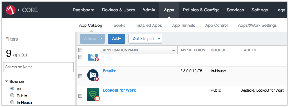 Shows the App Catalog with the previously selected labels applied to the Lookout for Work (Android) app.