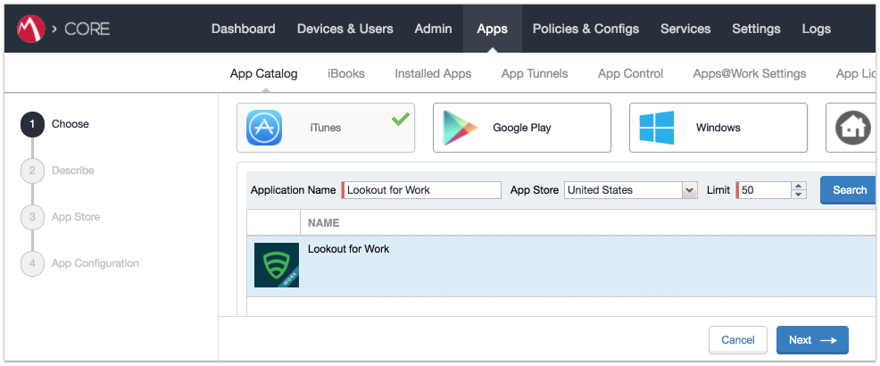 Shows selecting the Lookout for Work (iOS) app from the ITunes store.