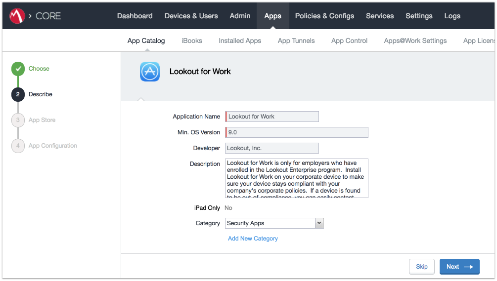 Shows details about the Lookout for Work (iOS) app.