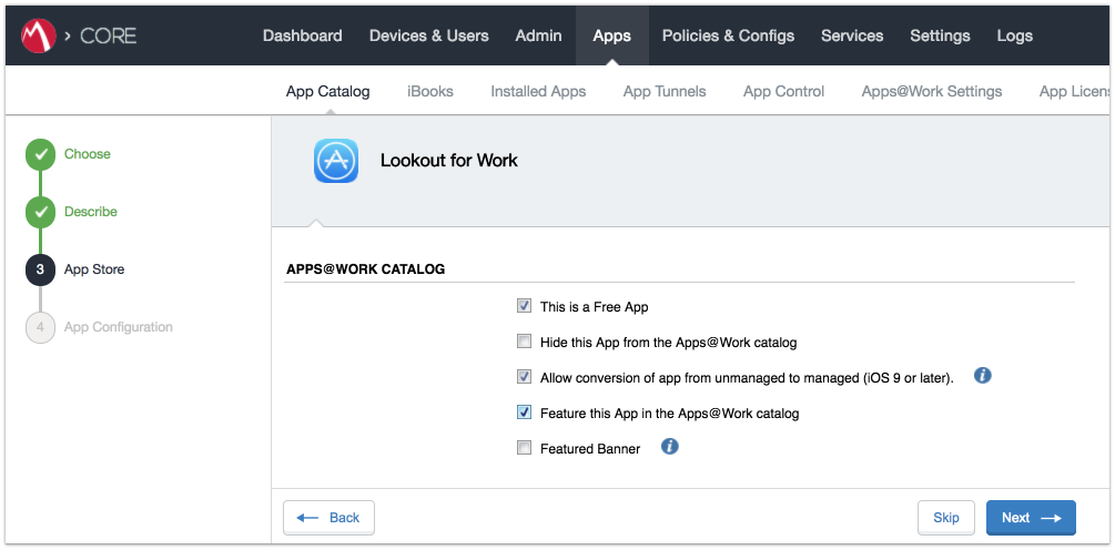 Shows deployment options for the Lookout for Work (iOS) app. Enabled options are: This is a Free App, Allow conversion of app from unmanaged to managed (iOS 9 or later), and Feature this App in the Apps@Work catalog.