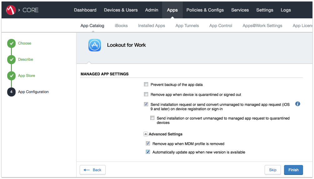 Shows configuration options for the Lookout for Work (iOS) app. Enabled options are: Send installation request or sent convert unmanaged to managed app request (iOS 9 or later) on device registration or sign-in, Advanced > Remove app when MDM profile is removed, and Advanced > Automatically update app when new version is available.