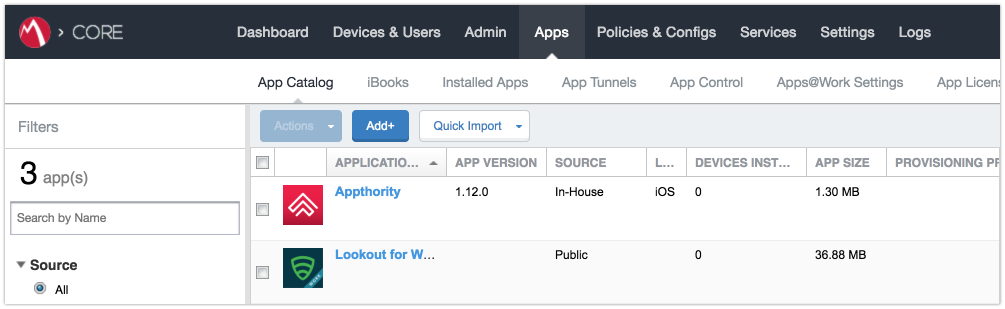 Shows the list of apps in the App Catalog, including the newly-added Lookout for Work (iOS) app.