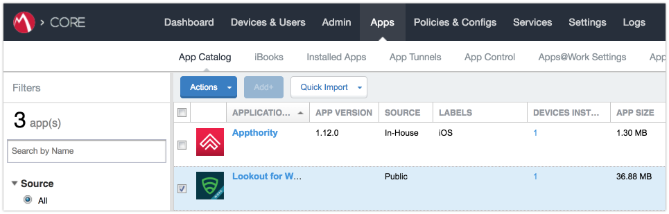 Shows the App Catalog with the Lookout for Work (iOS) app highlighted.