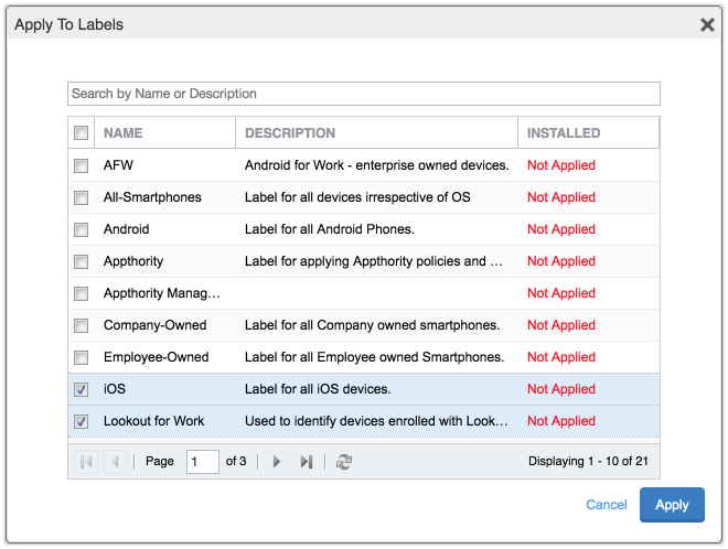 Shows the Apply To Labels form dialog with the iOS and Lookout for Work lables highlighted.