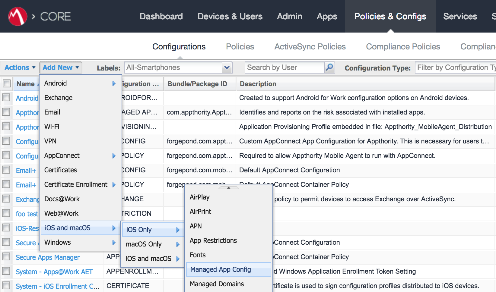 MobileIron > Policies & Configs > Configurations Showing menu tree to activate Add New > iOS and MacOS > iOS Only > Managed App Config.