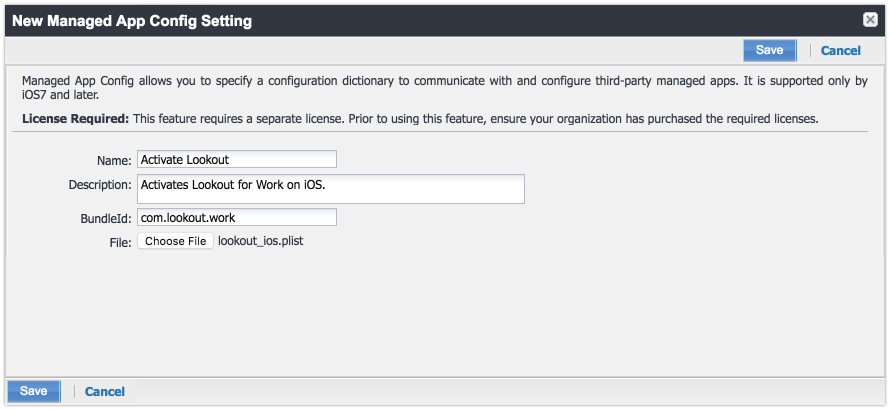 MobileIron: New Managed App Config Setting Dialog Showing the New Managed App Config Setting form dialog to activate Lookout for Work (iOS) using the PLIST file.