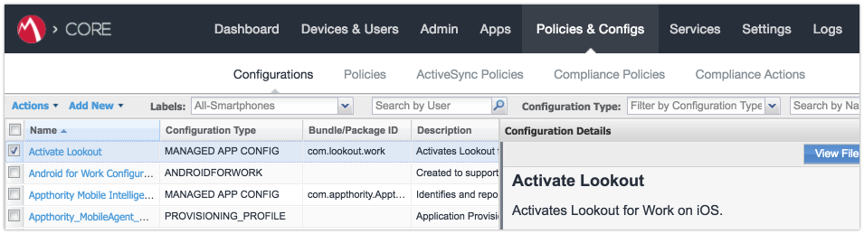 MobileIron > Policies & Configs > Configurations Showing the list of configurations with the Activate Lookout configuration highlighted.