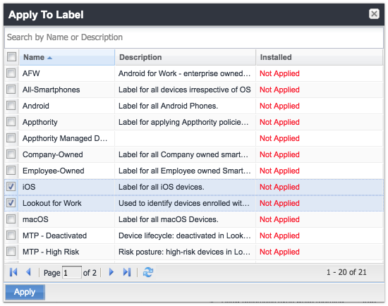 Showing the Apply To Label dialog with the iOS and Lookout for Work labels highlighted.