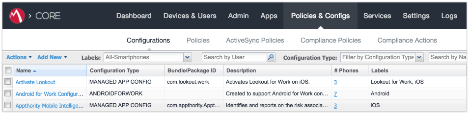 Policies and configurations, including options to sort.