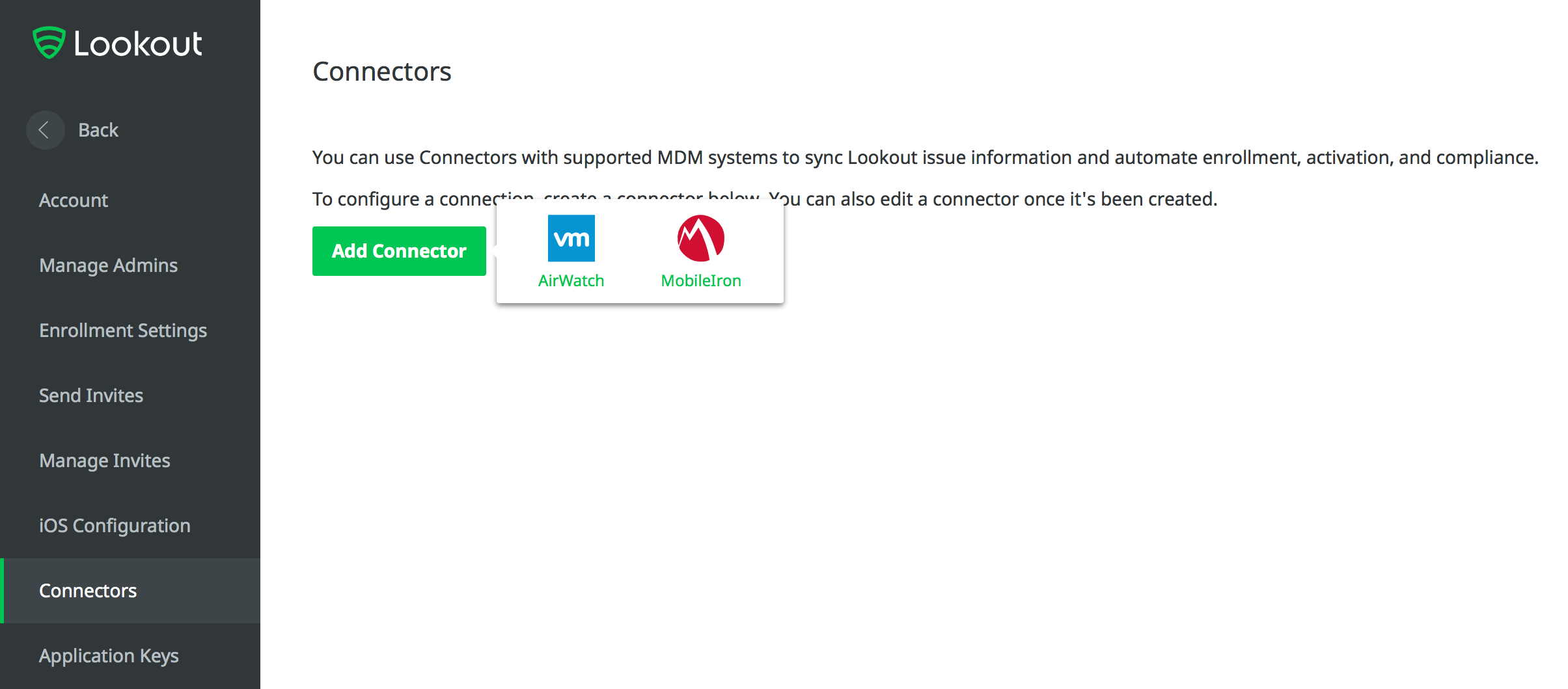 Lookout > System > Connectors Showing the page to add a connector for MobileIron.