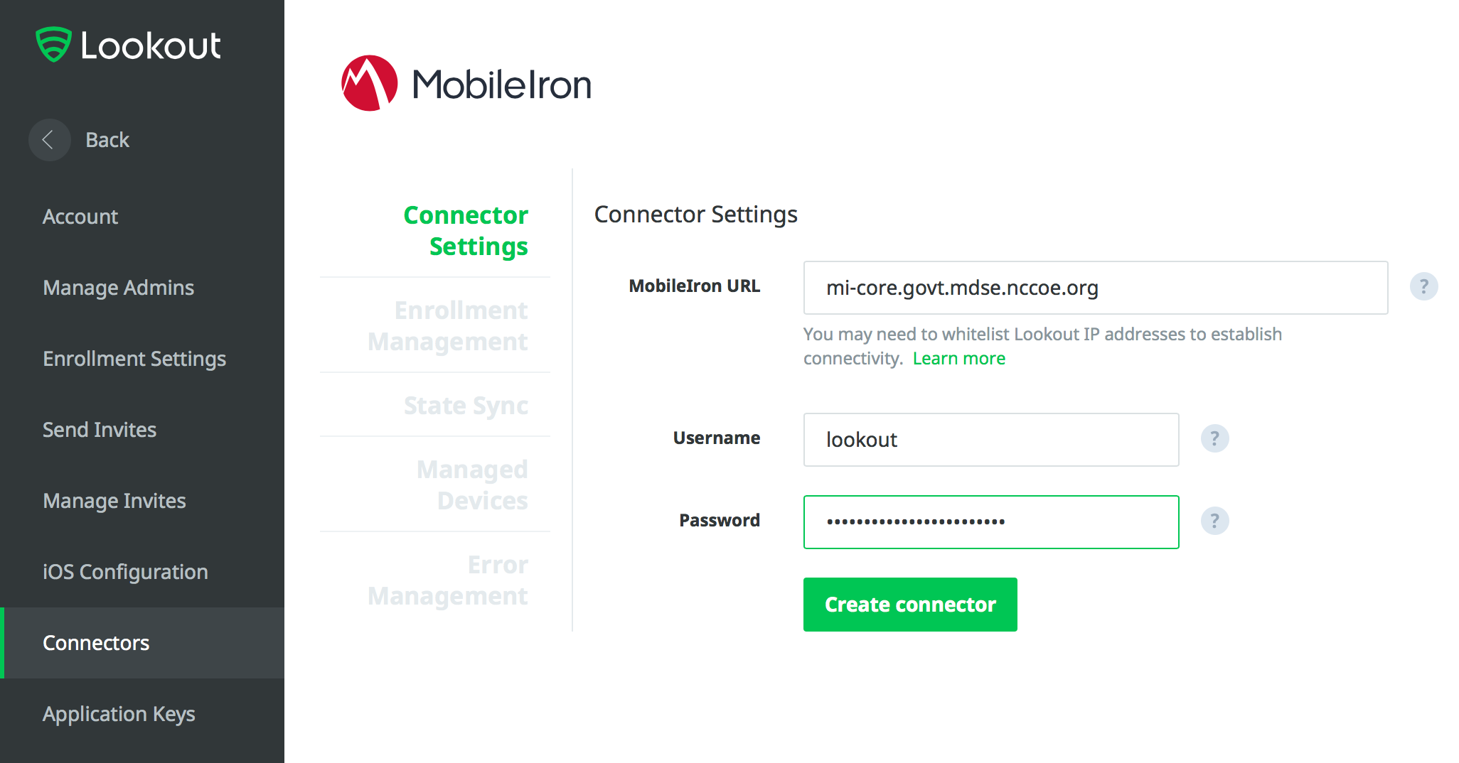 Lookout > System > Connectors: Connector Settings Showing the Connector Settings page with the MobileIron URL, Username, and Password used to authenticate to the MobileIron API.